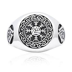 925 Sterling Silver Valknut Viking Helm of Awe Aegishjalmur Ring