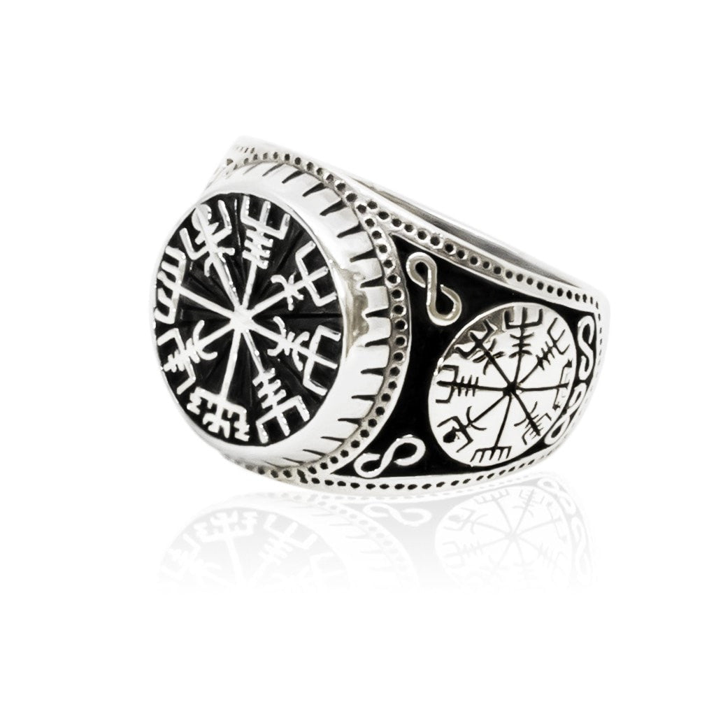 925 Sterling Silver Vegvisir Compass Signet Icelandic Aegishjalmur Viking Norse Ring - SilverMania925