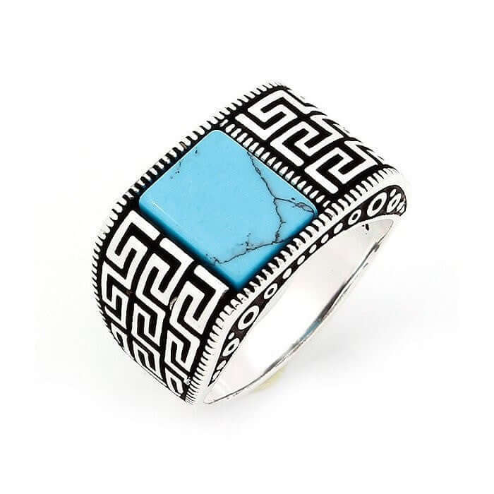 925 Sterling Silver Mens Turquoise Greek Key Meander Ring - SilverMania925