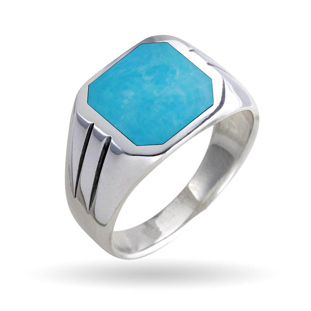 925 Sterling Silver Mens Square Turquoise Classic Style Solid Band Ring - SilverMania925