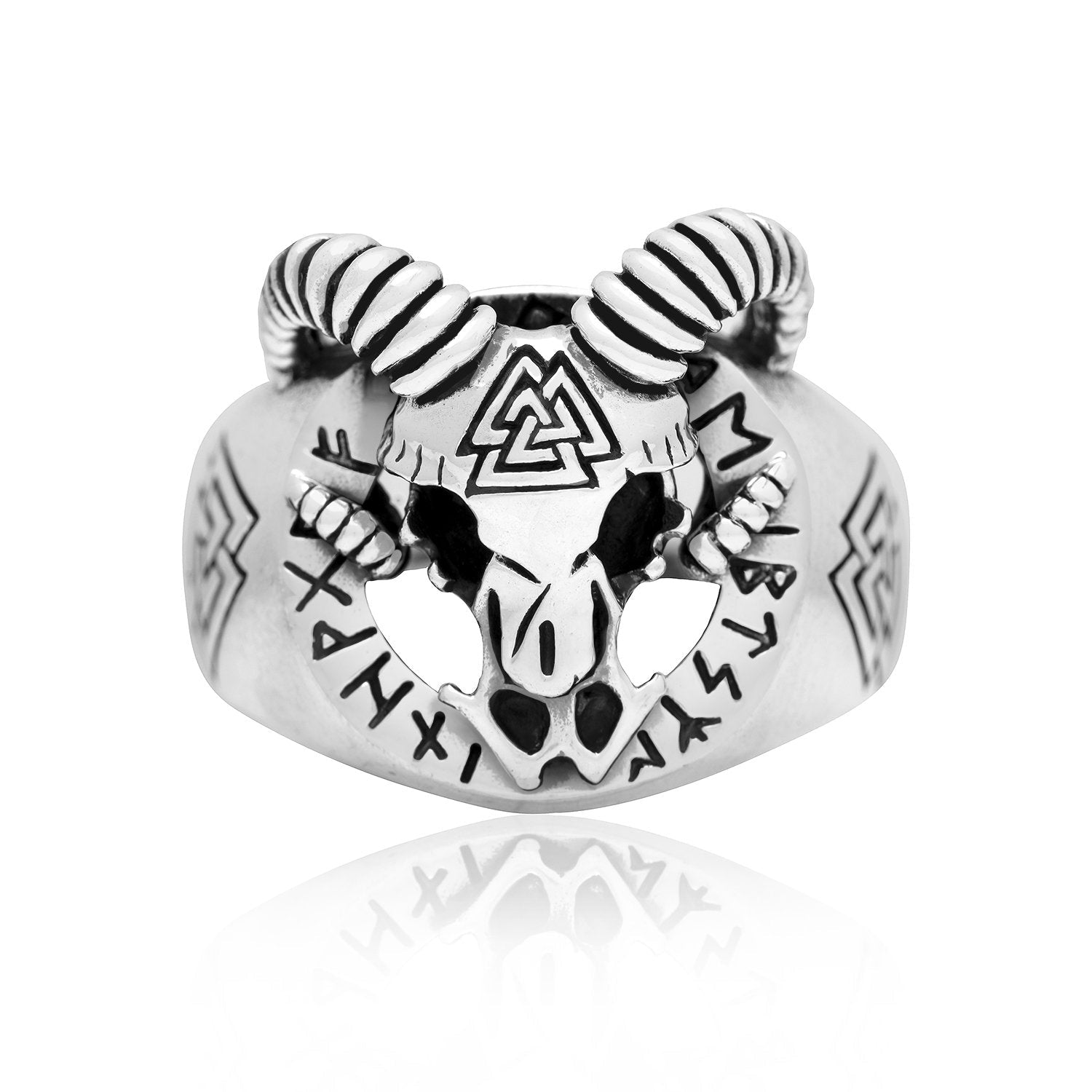 Sterling Silver Viking Goat with Valknut and Runes Ring - SilverMania925