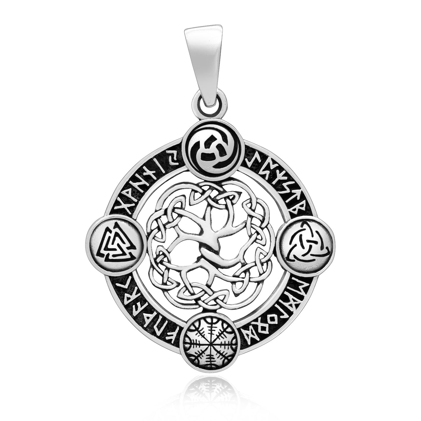 925 Silver Yggdrasil Pendant with Pagan Symbols and Runes - SilverMania925