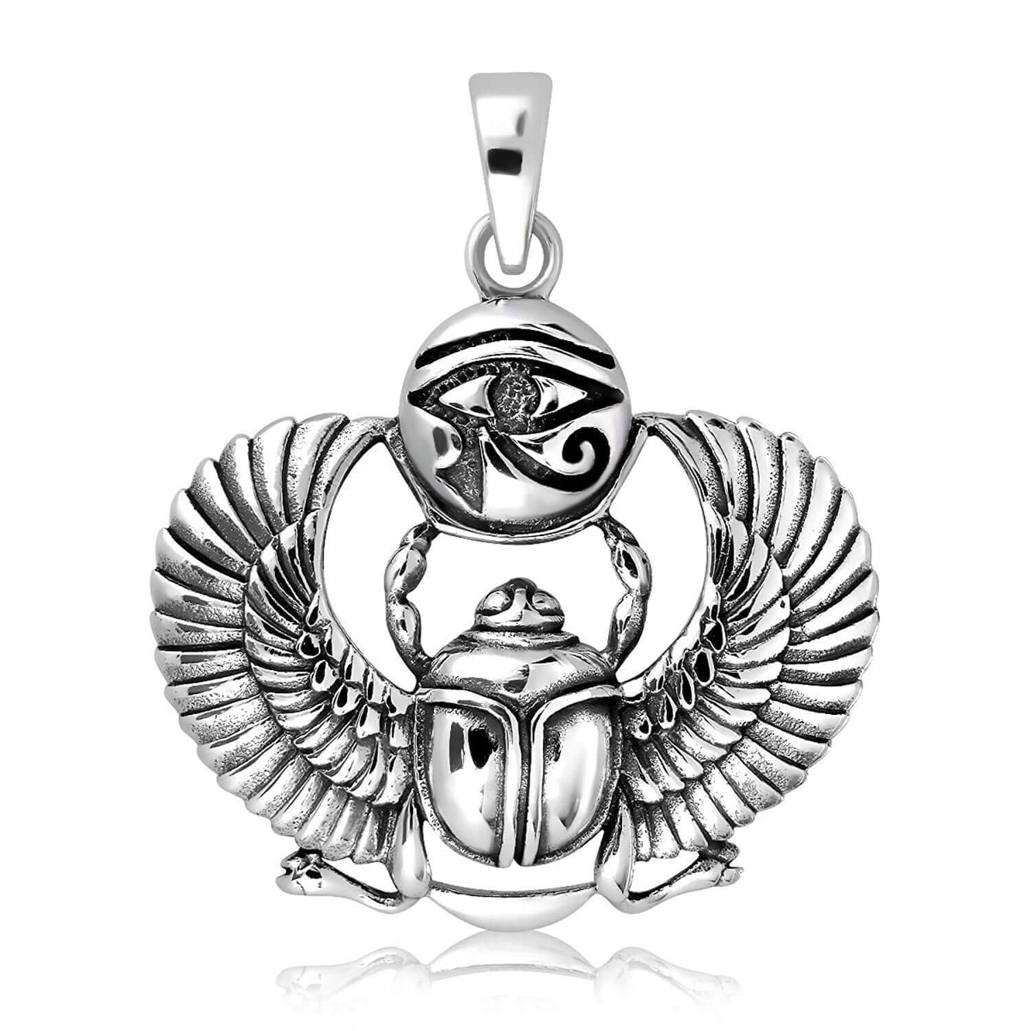 925 Sterling Silver Egyptian Eye of Horus Udjat Ancient Scarab Beetle Pendant - SilverMania925
