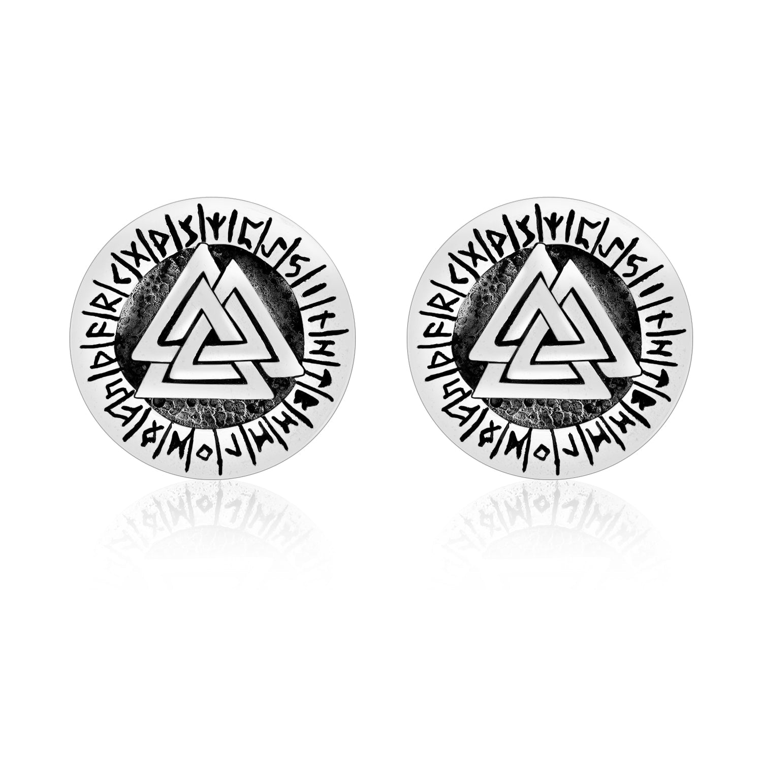 Sterling Silver Viking Valknut with Runes Stud Earrings Set