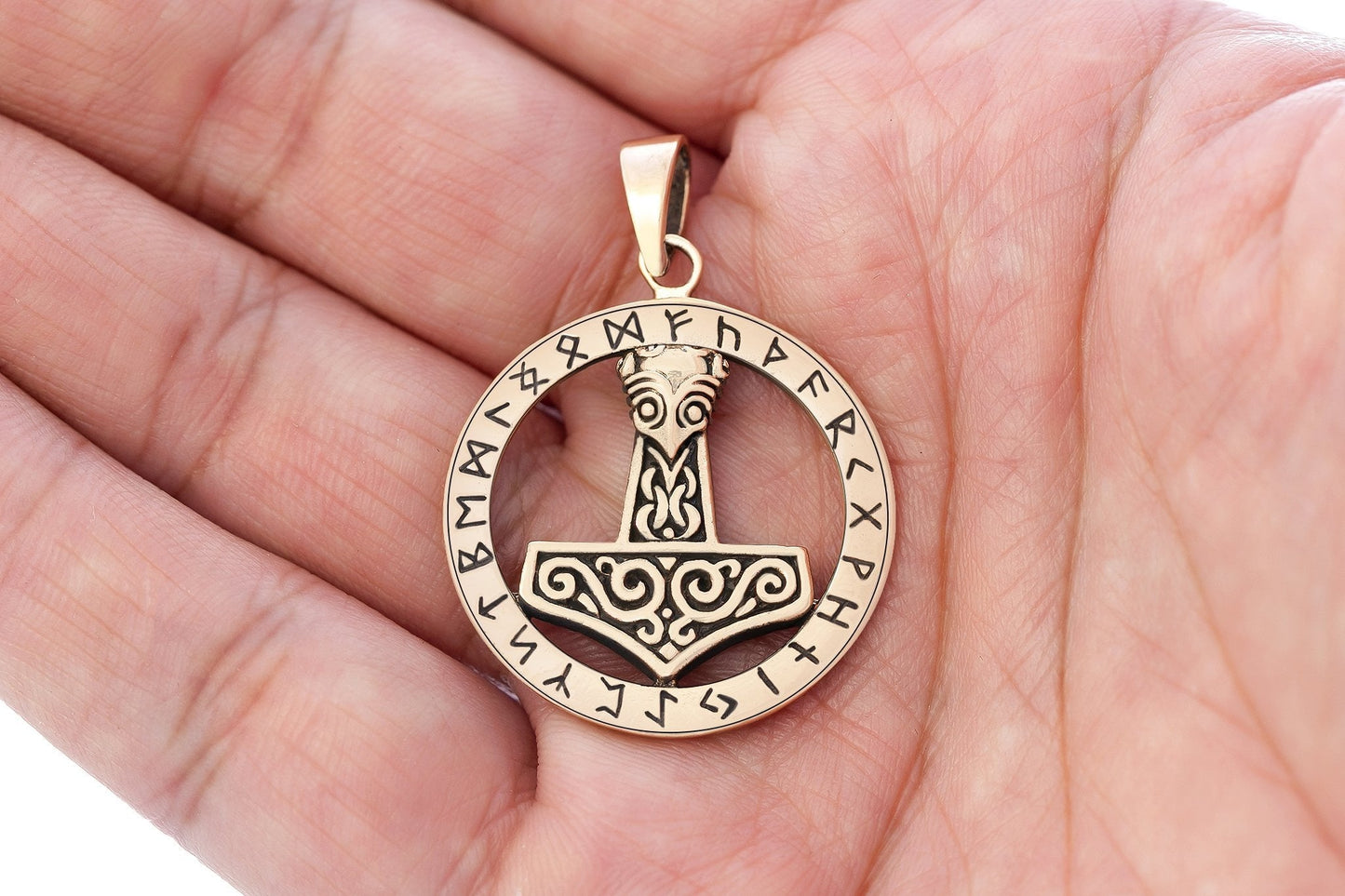 Viking Thor Bronze Pendant with Runes - SilverMania925