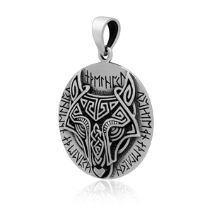 925 Sterling Silver Viking Wolf Head Pendant with Runes