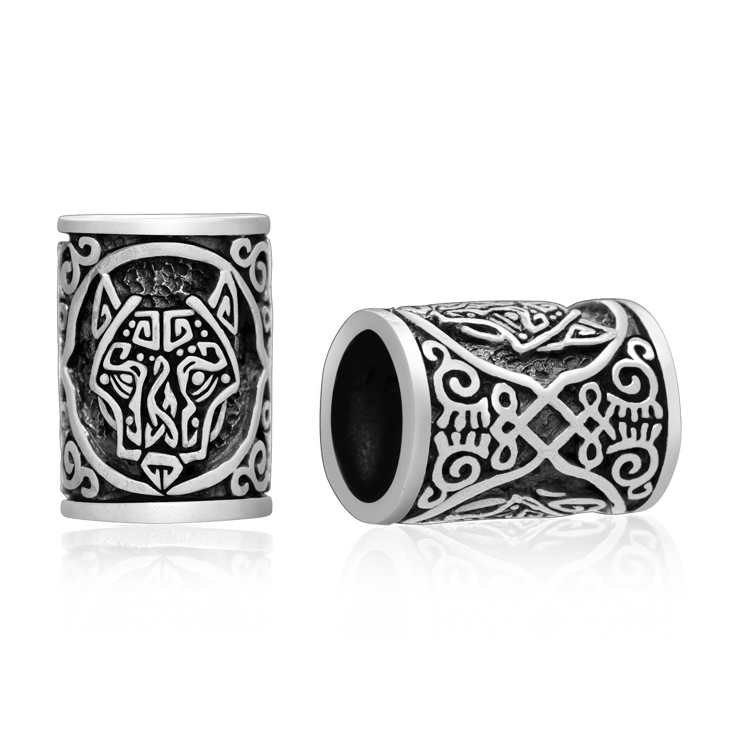 925 Sterling Silver Viking Beard Hair Bead with Fenrir Wolf