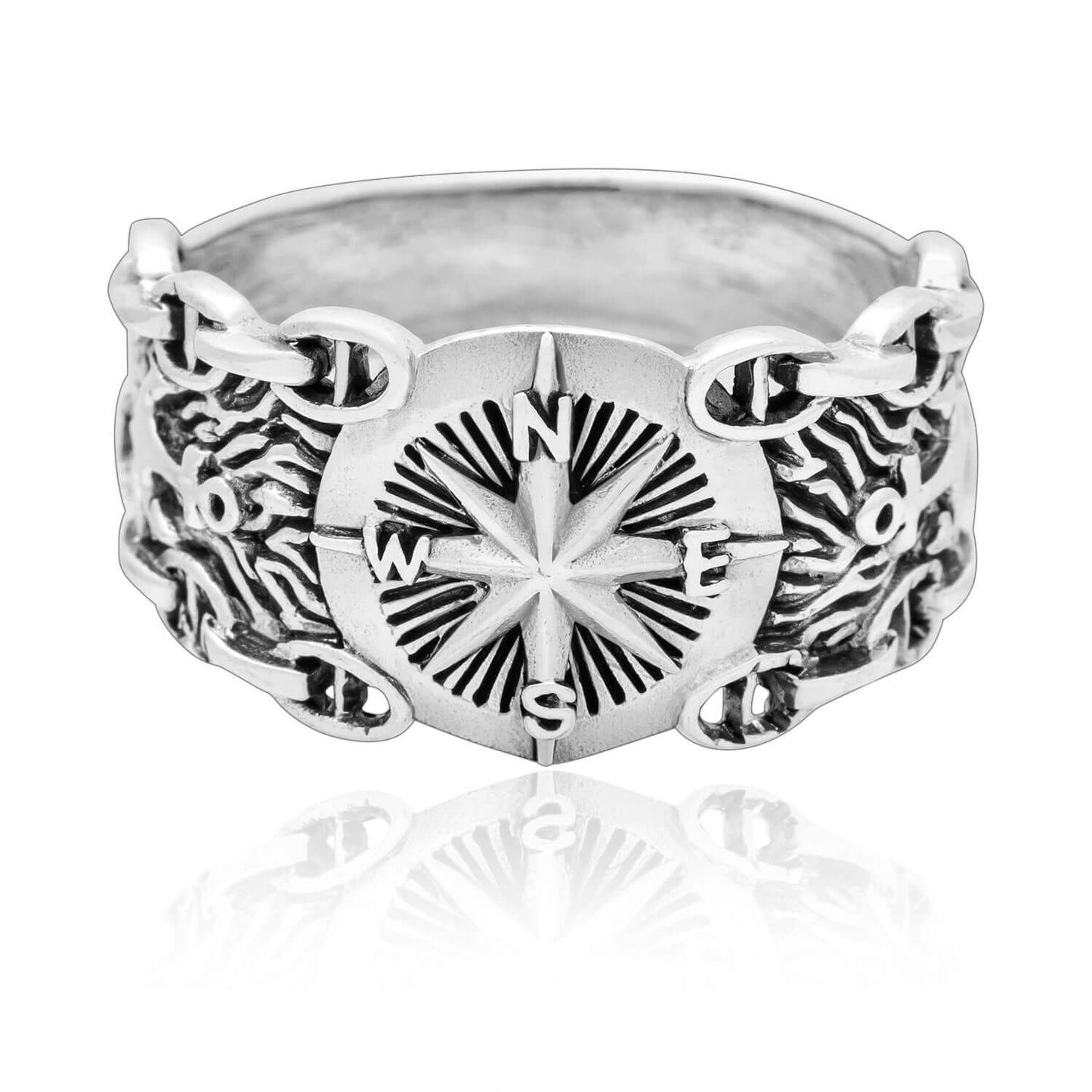925 Sterling Silver Nautical Compass Ring with Chains and Anchor - SilverMania925