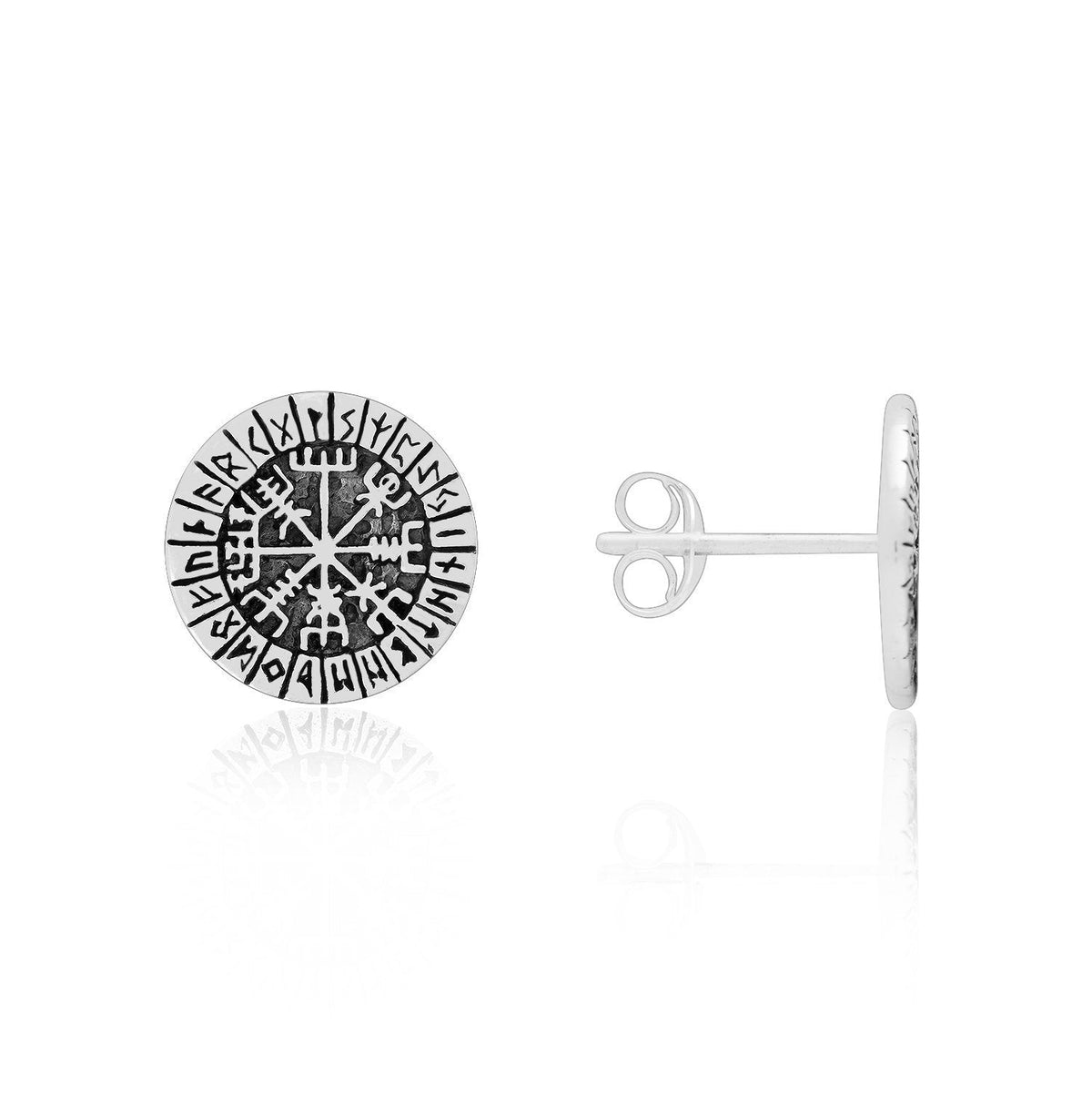 Sterling Silver Viking Vegvisir with Runes Stud Earrings Set - SilverMania925