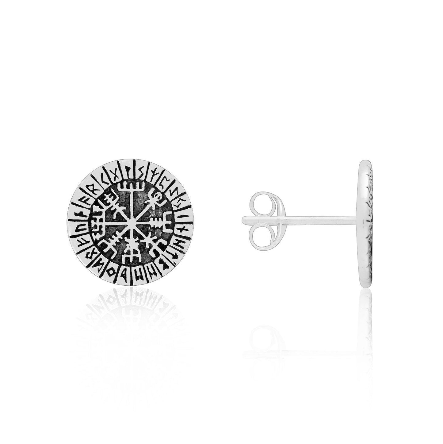 Sterling Silver Viking Vegvisir with Runes Stud Earrings Set - SilverMania925