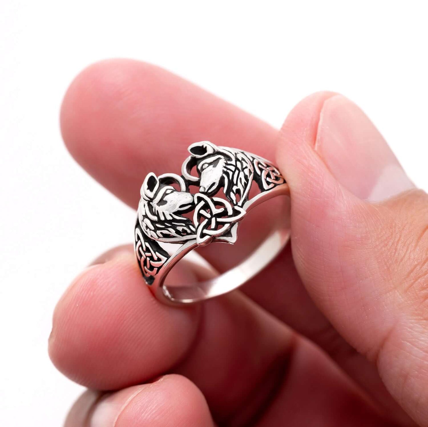 925 Sterling Silver Pair of Viking Wolves with Triquetra Ring - SilverMania925