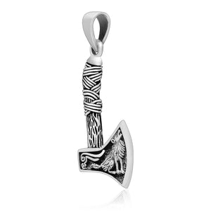 925 Sterling Silver Viking Axe with Howling Wolf Pendant