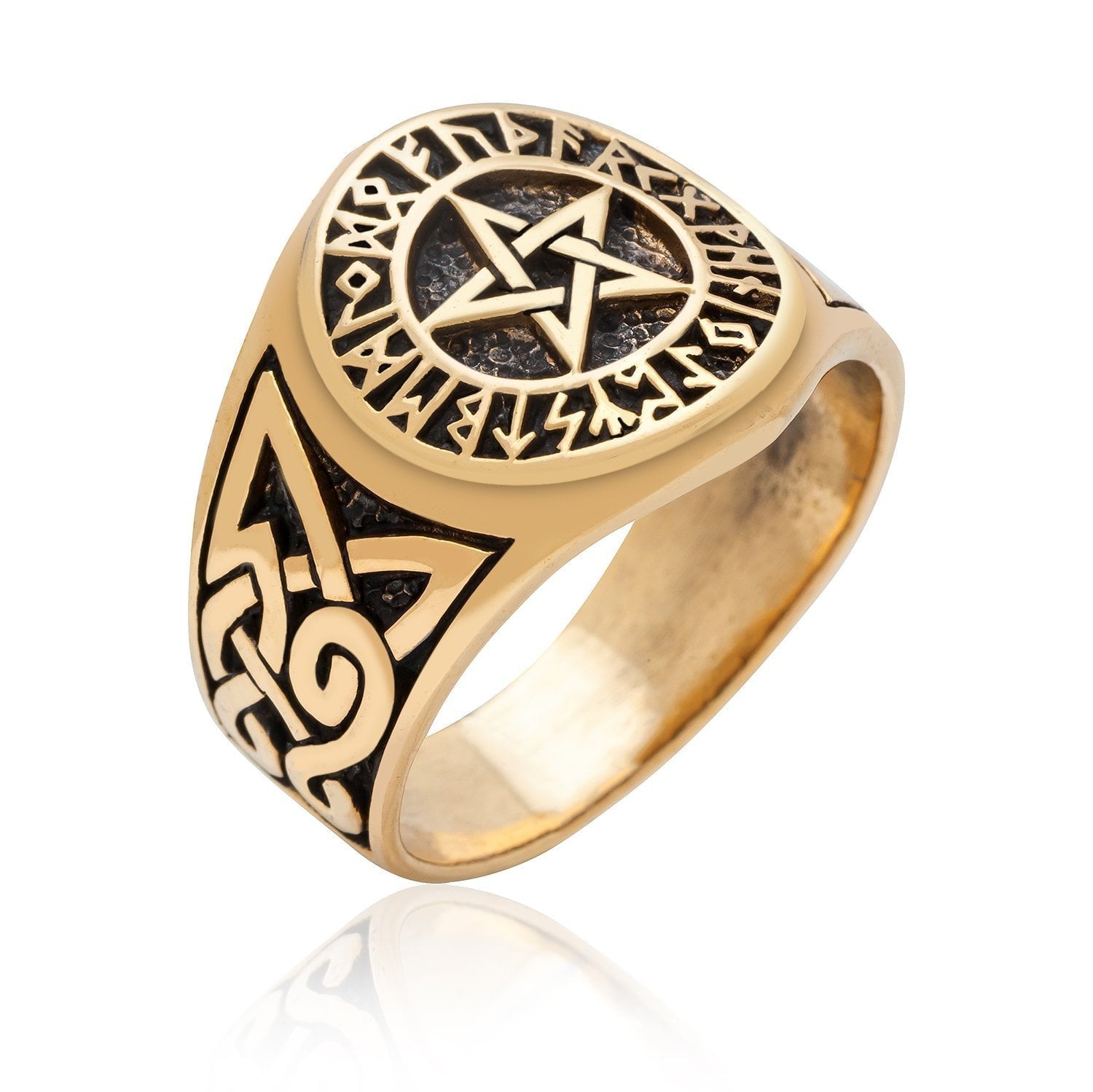 Pentagram Bronze Ring with Knotwork and Viking Runes - SilverMania925