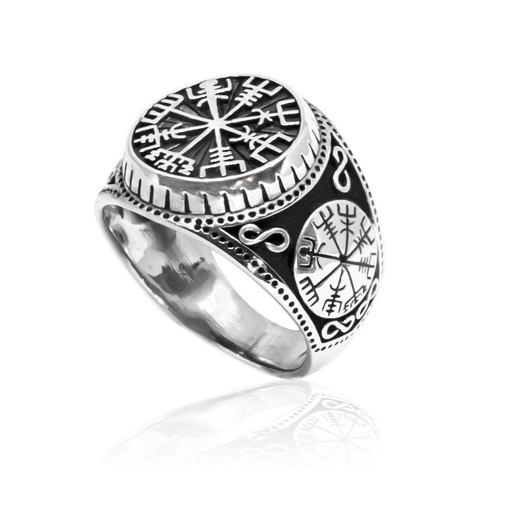 925 Sterling Silver Vegvisir Compass Signet Icelandic Aegishjalmur Viking Norse Ring - SilverMania925