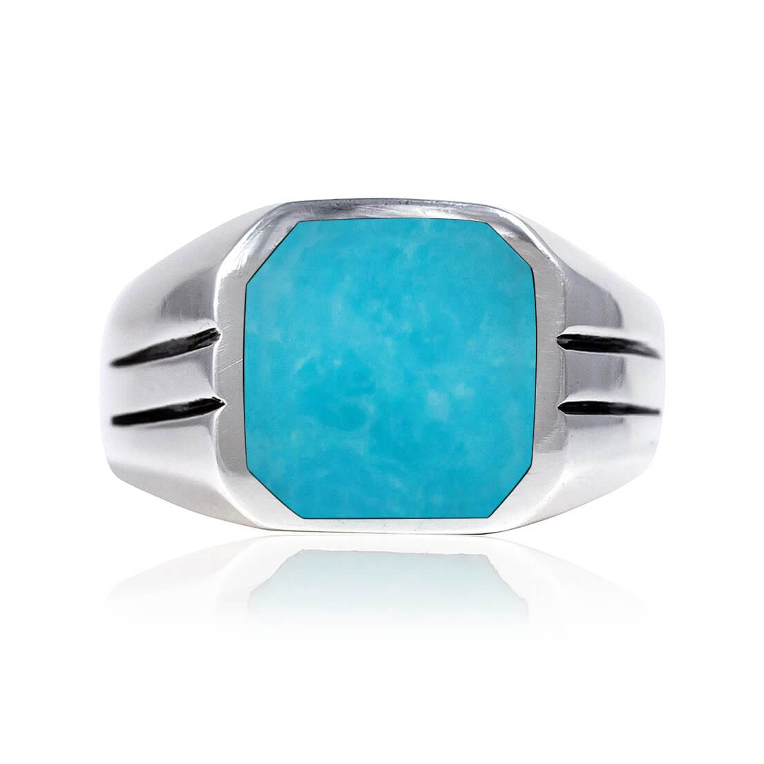 925 Sterling Silver Mens Square Turquoise Classic Style Solid Band Ring - SilverMania925