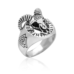 Sterling Silver Viking Goat with Valknut and Runes Ring