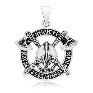 925 Sterling Silver Viking Helmet and Axes Pendant with Runes