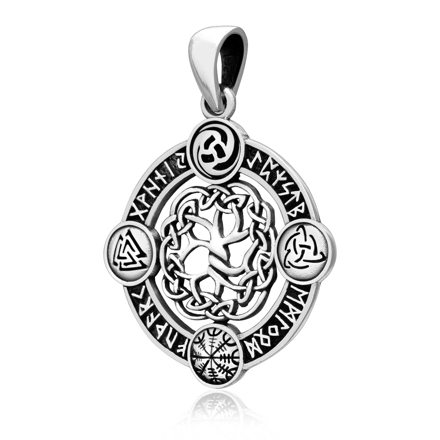 925 Silver Yggdrasil Pendant with Pagan Symbols and Runes - SilverMania925