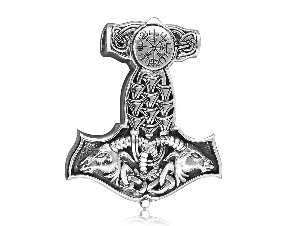 925 Sterling Silver Viking Thor Hammer Mjolnir Goat Norse Vegvisir Amulet Pendant - SilverMania925