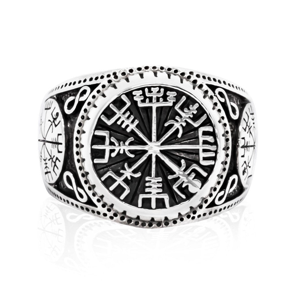 925 Sterling Silver Vegvisir Compass Signet Icelandic Aegishjalmur Viking Norse Ring - SilverMania925