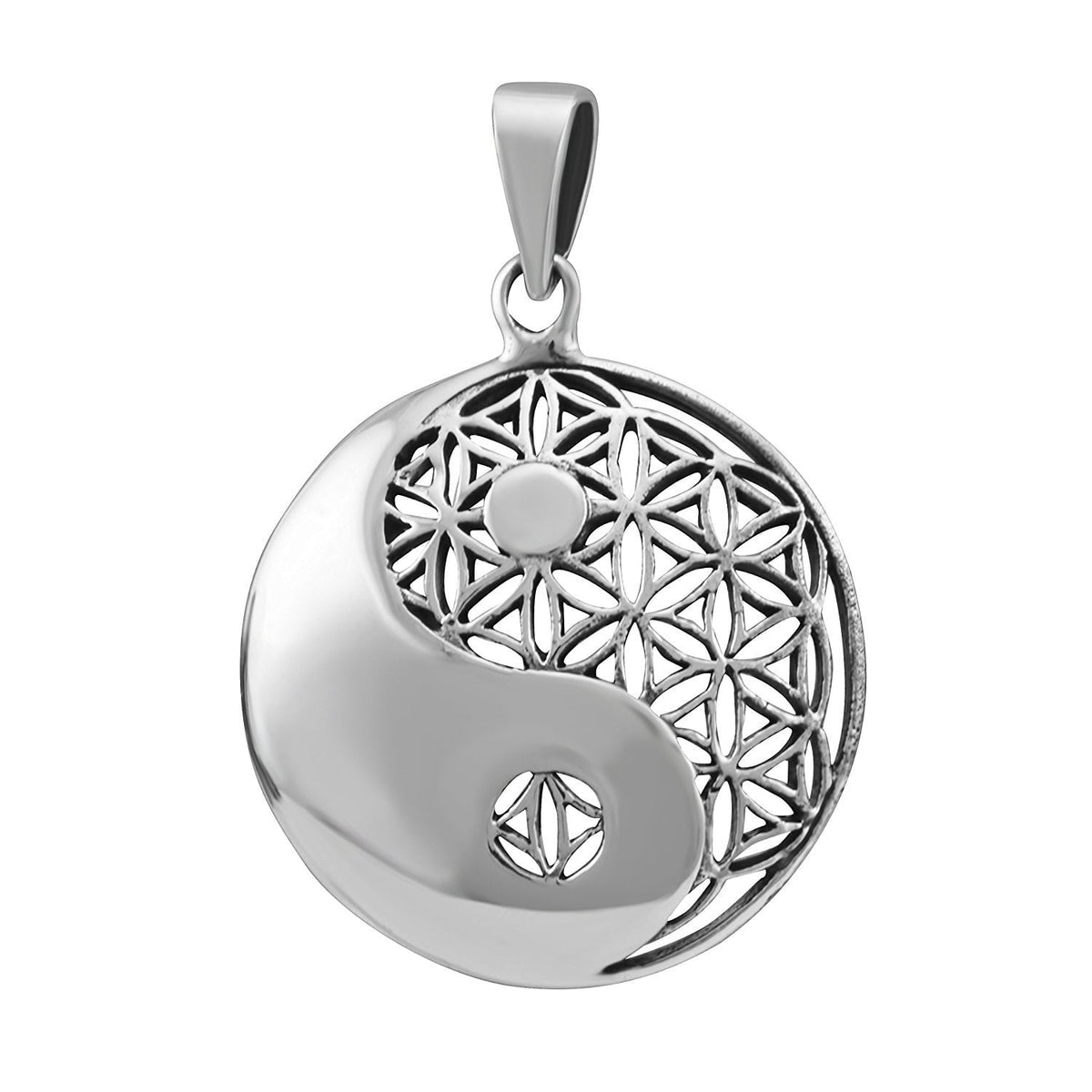 925 Sterling Silver Yin Yang Flower of Life Sacred Geometry Pendant - SilverMania925