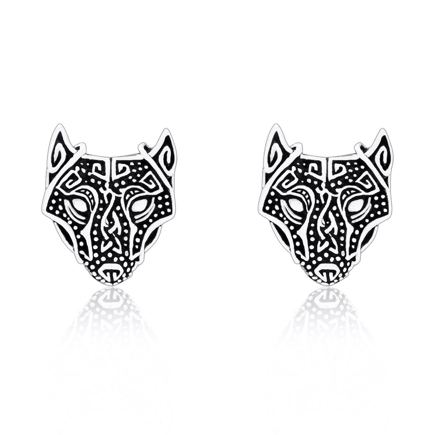 925 Sterling Silver Viking Wolf Head Stud Earrings Set - SilverMania925