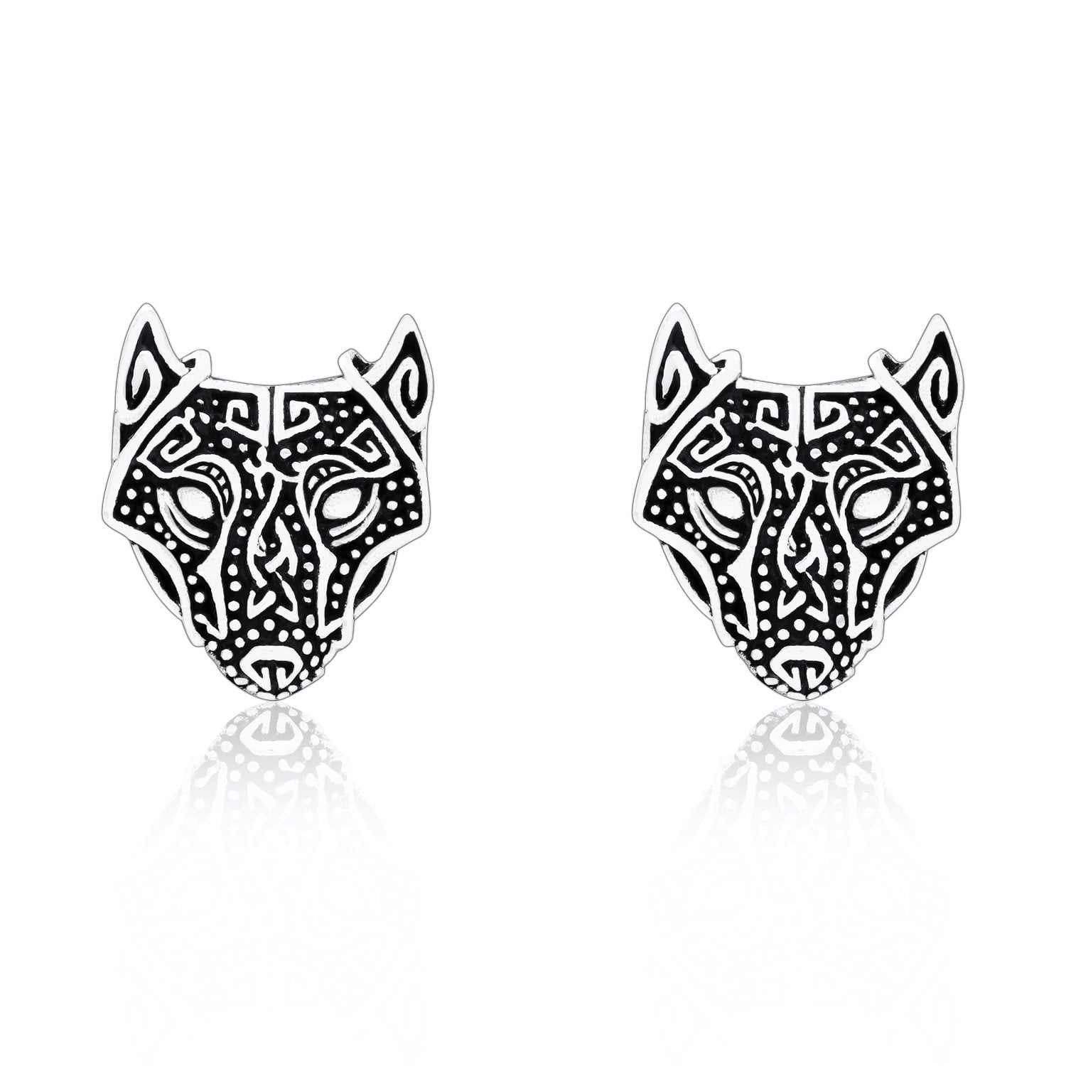 925 Sterling Silver Viking Wolf Head Stud Earrings Set