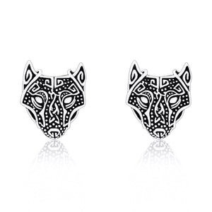 925 Sterling Silver Viking Wolf Head Stud Earrings Set