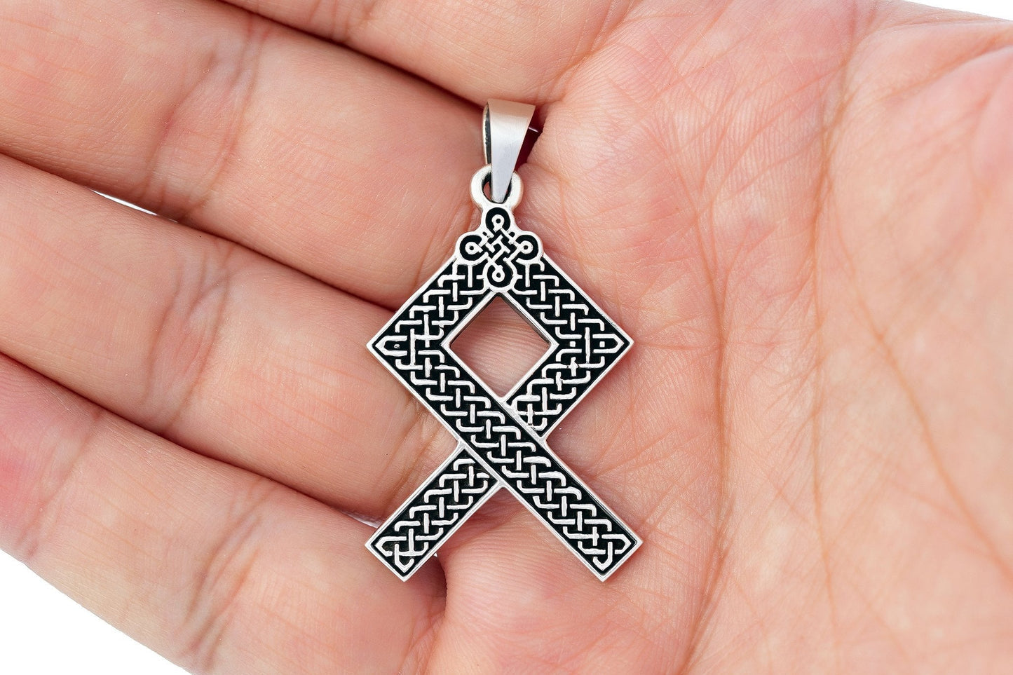 925 Sterling Silver Viking Othala Rune with Pagan Knotwork Pendant - SilverMania925