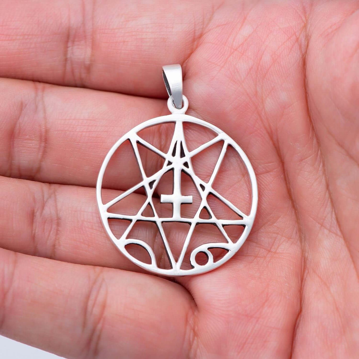 925 Sterling Silver Inverted Cross with Pentagram Satanic Pendant - SilverMania925