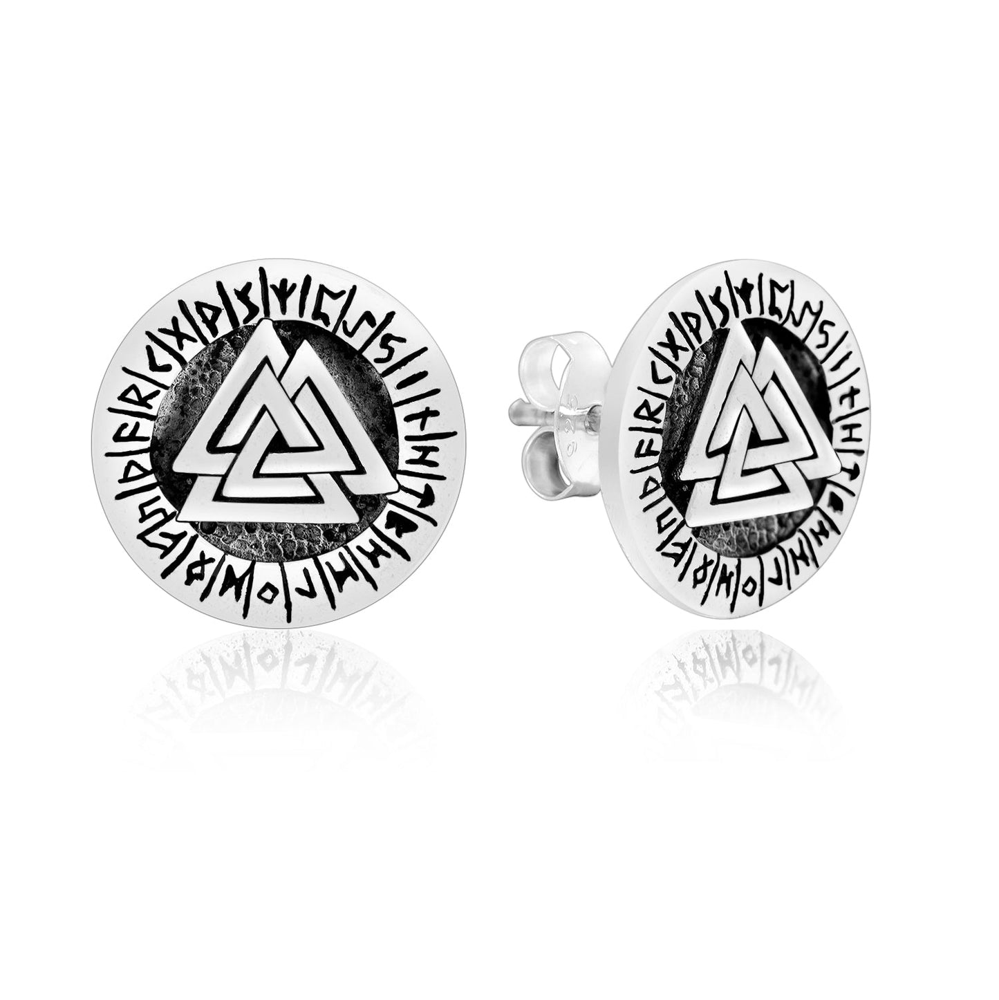 Sterling Silver Viking Valknut with Runes Stud Earrings Set - SilverMania925