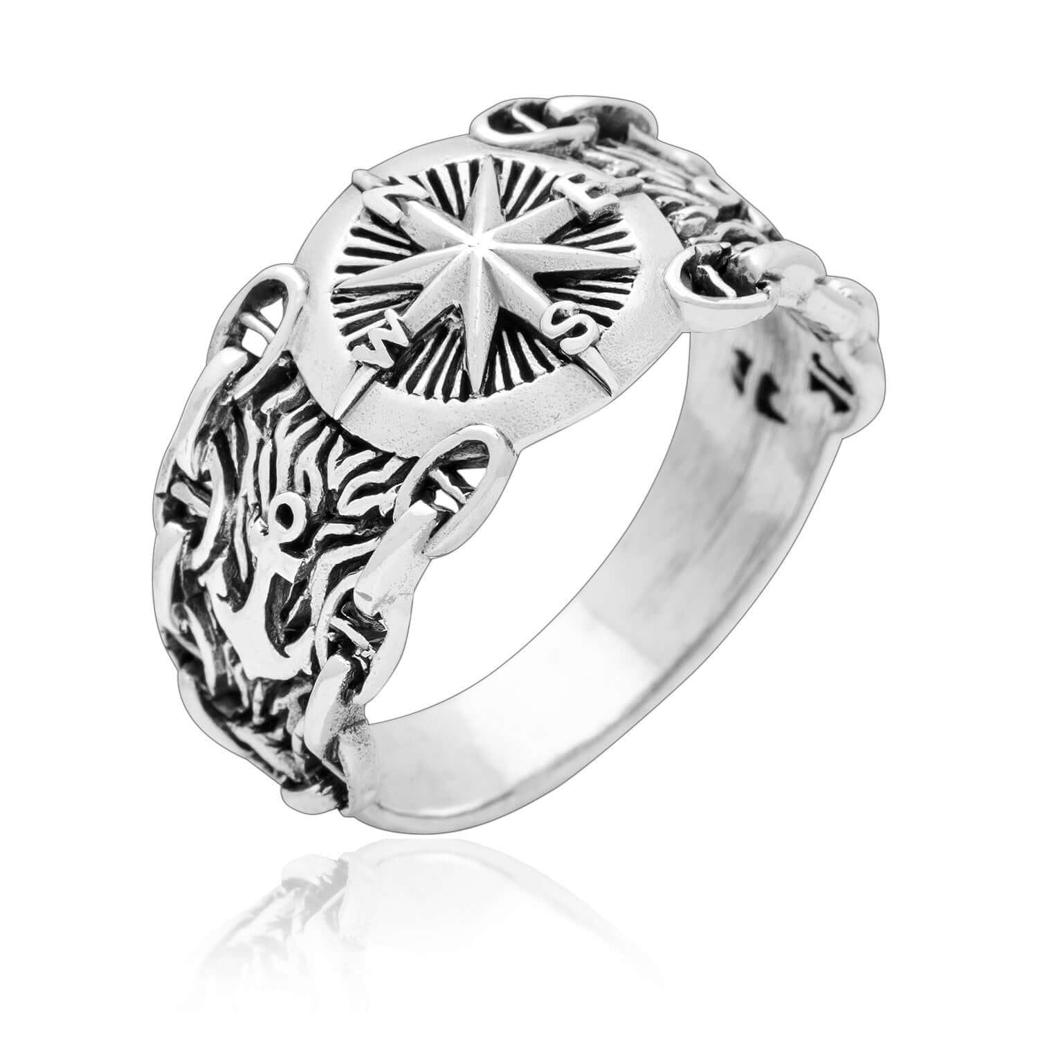 925 Sterling Silver Nautical Compass Ring with Chains and Anchor - SilverMania925