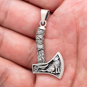 925 Sterling Silver Viking Axe with Howling Wolf Pendant