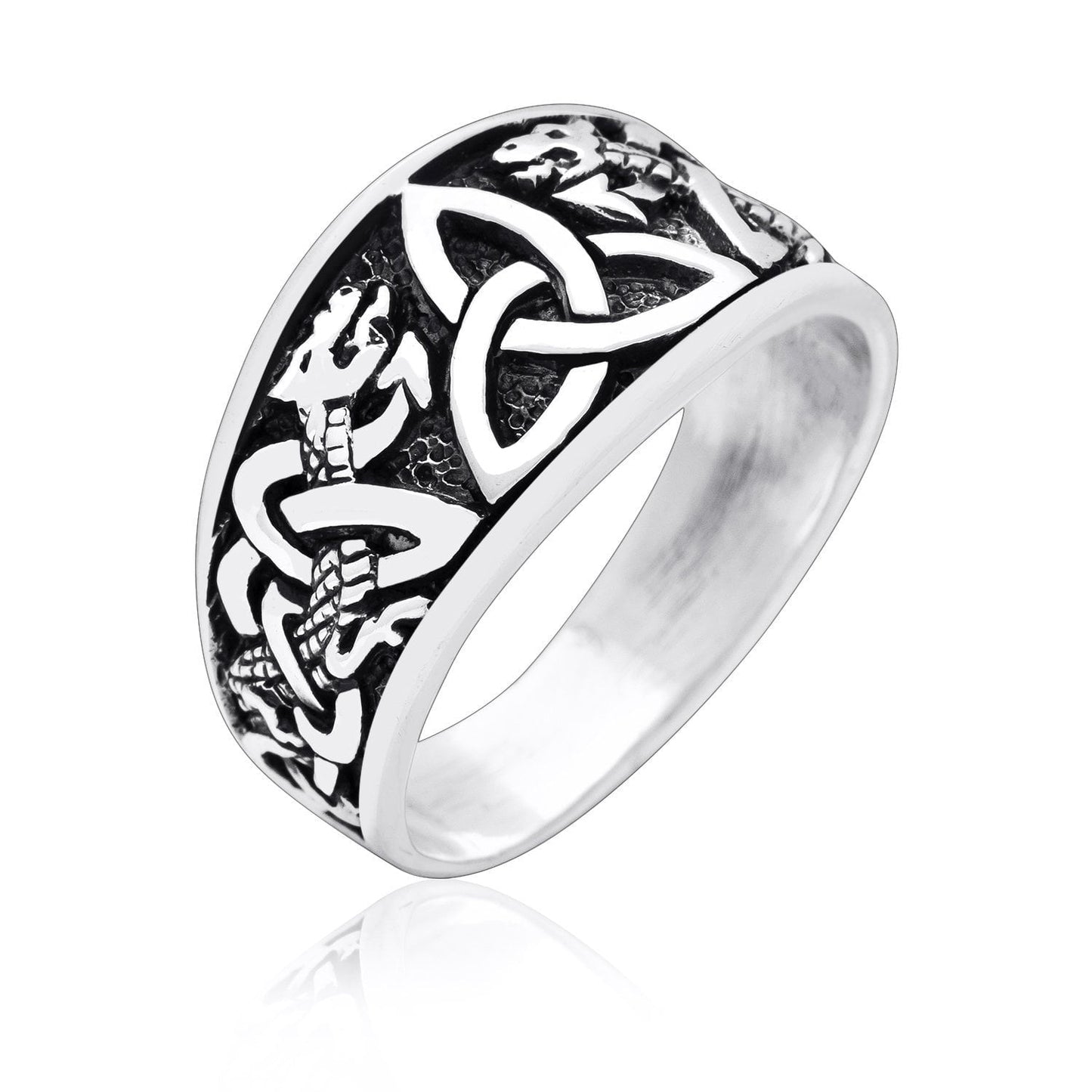925 Sterling Silver Triquetra Band Ring with Jormungand - SilverMania925