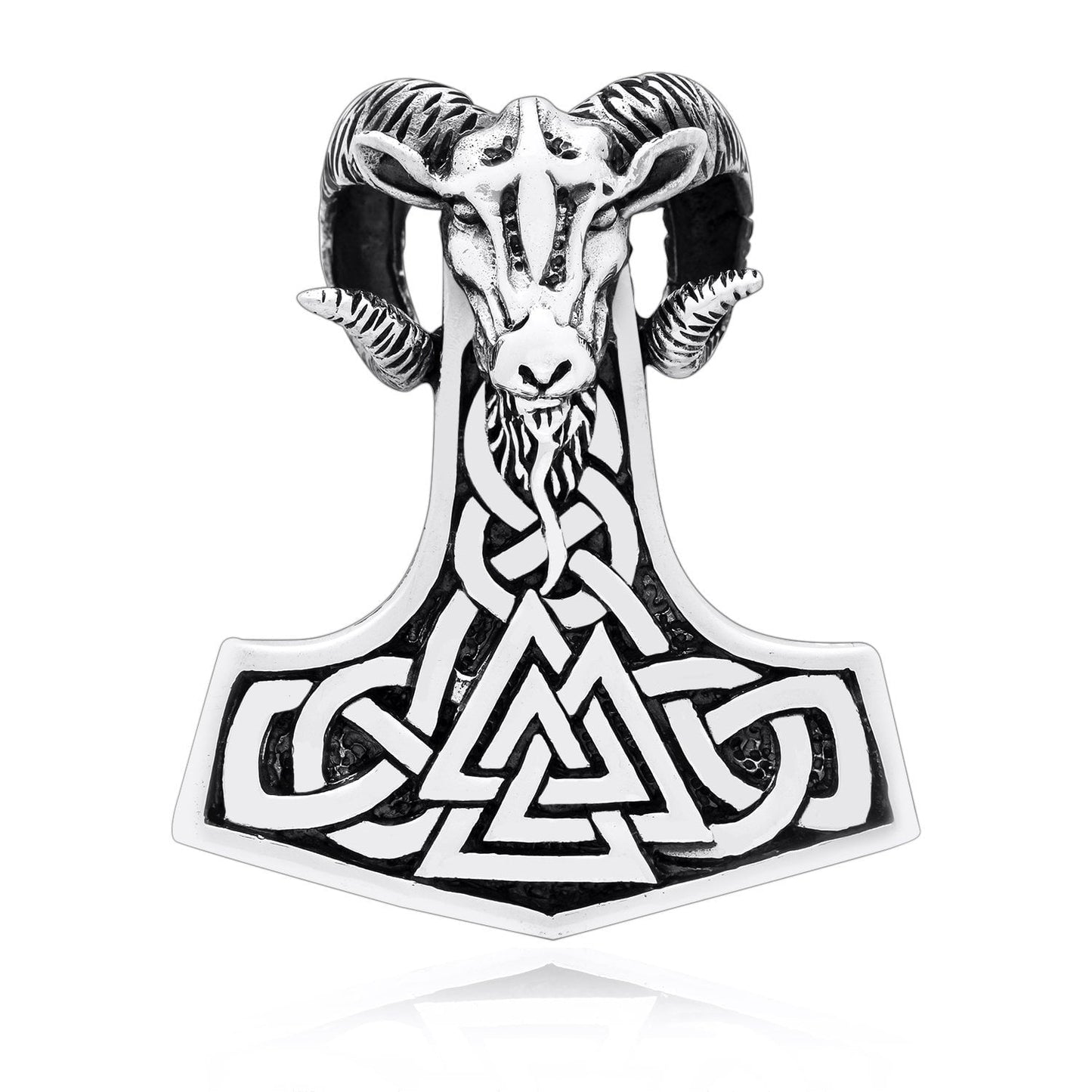 925 Sterling Silver Viking Mjolnir Ram Amulet with Valknut - SilverMania925