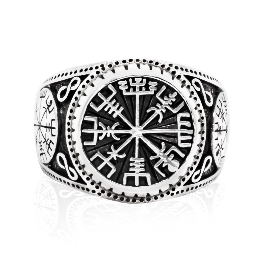 925 Sterling Silver Vegvisir Compass Signet Icelandic Aegishjalmur Viking Norse Ring