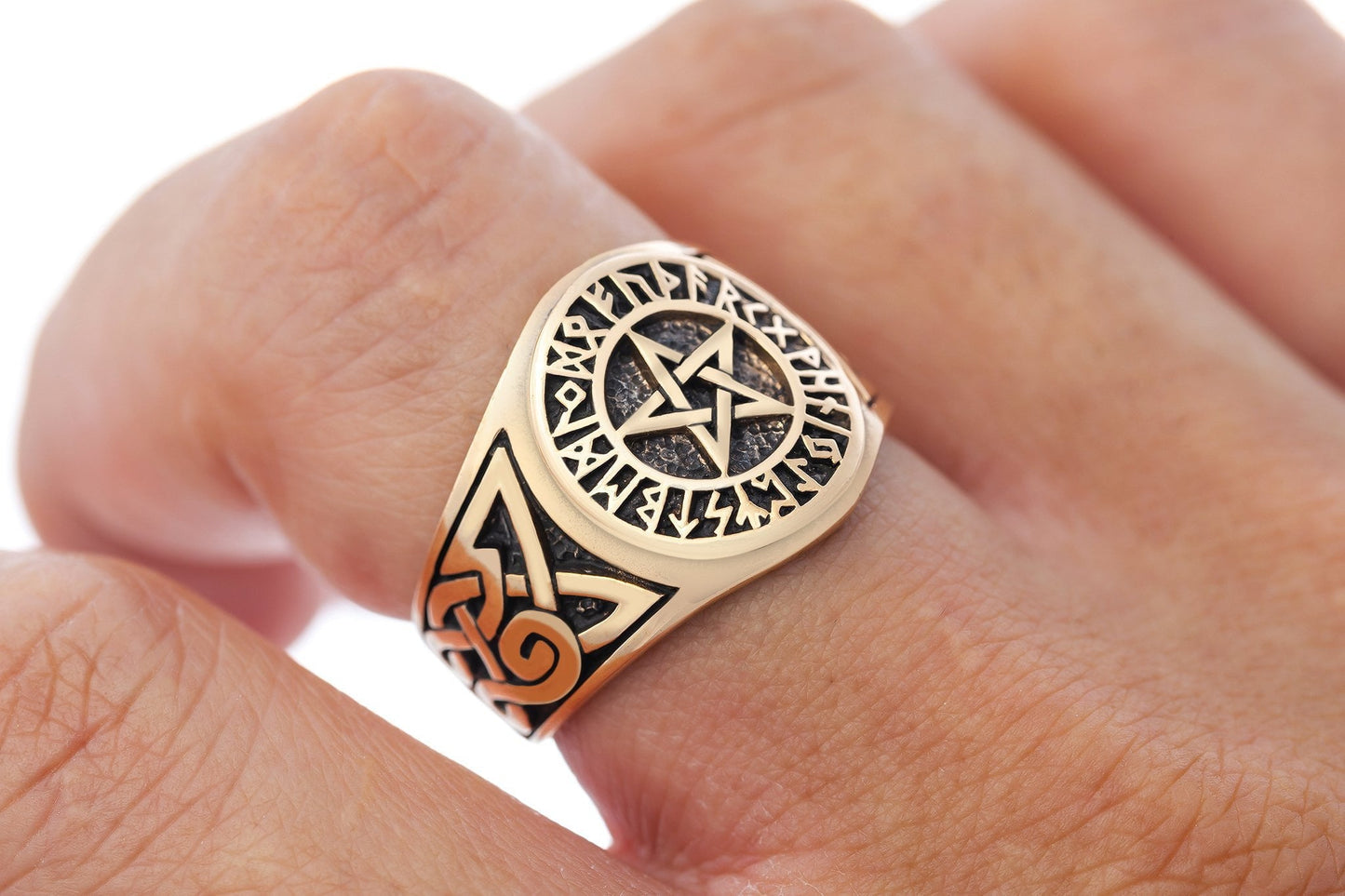 Pentagram Bronze Ring with Knotwork and Viking Runes - SilverMania925