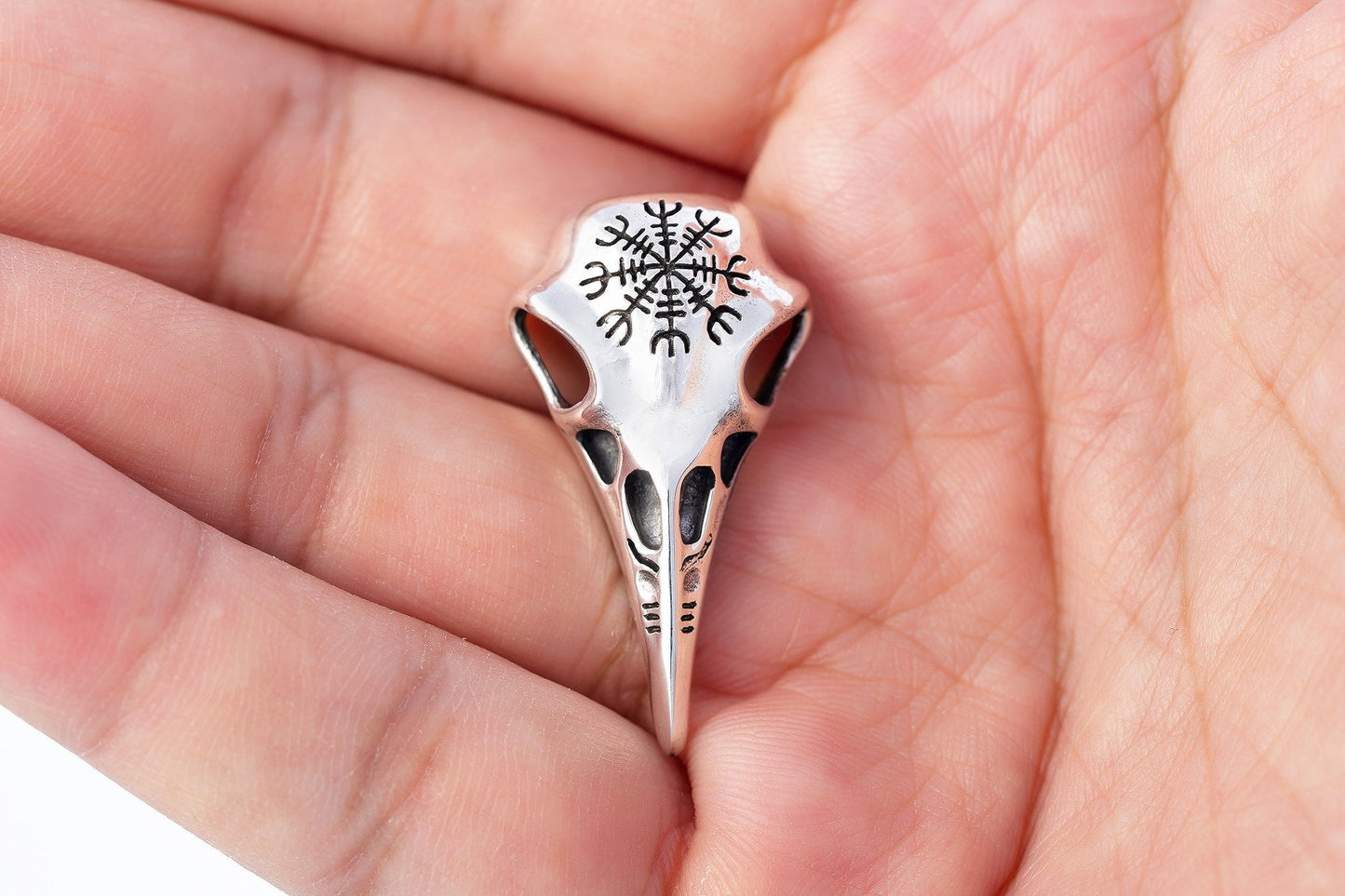 925 Sterling Silver Viking Raven Skull Helm of Awe Pendant - SilverMania925