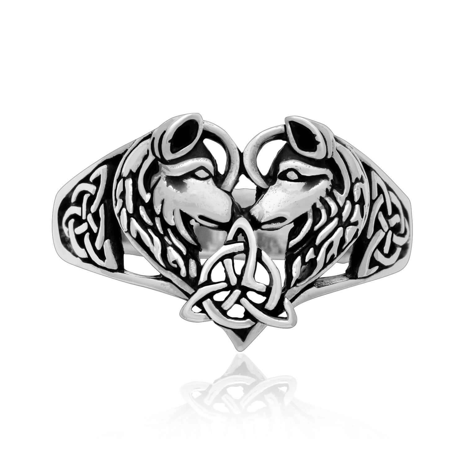 925 Sterling Silver Pair of Viking Wolves with Triquetra Ring - SilverMania925