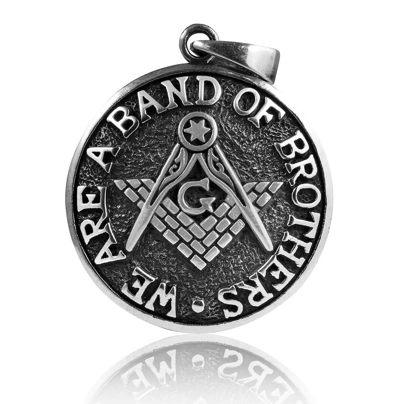 925 Sterling Silver Masonic Freemason Compass We Are a Band of Brothers Coin Pendant - SilverMania925