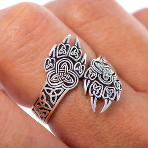 925 Sterling Silver Viking Wolf Claw Ring with Triquetra