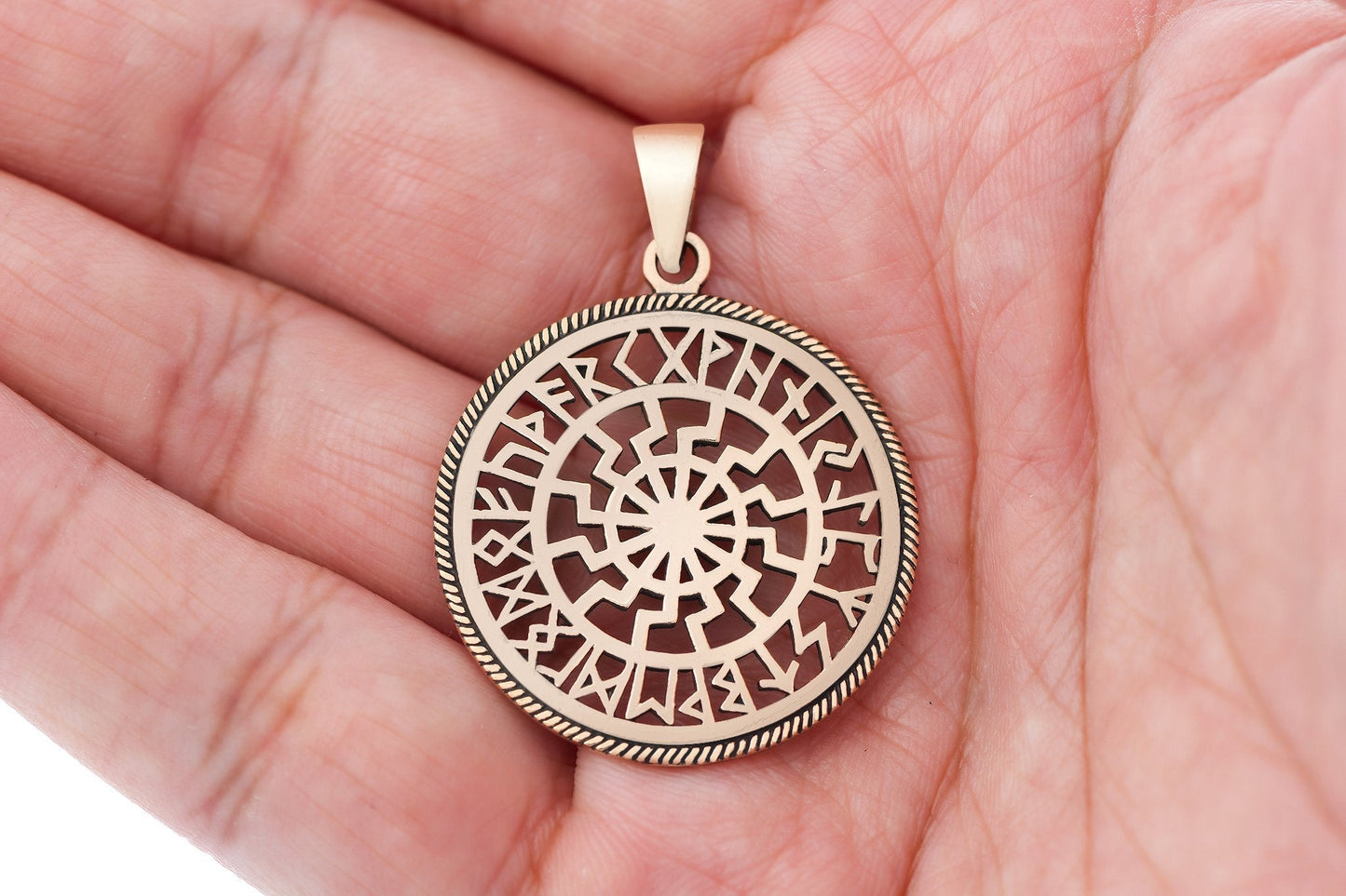 Black Wheel with Runes Bronze Pendant - SilverMania925