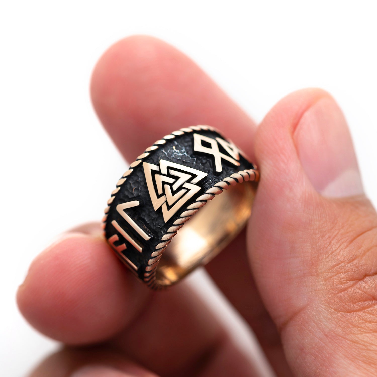 Viking Valknut with Runes Legendary Bronze Ring - SilverMania925