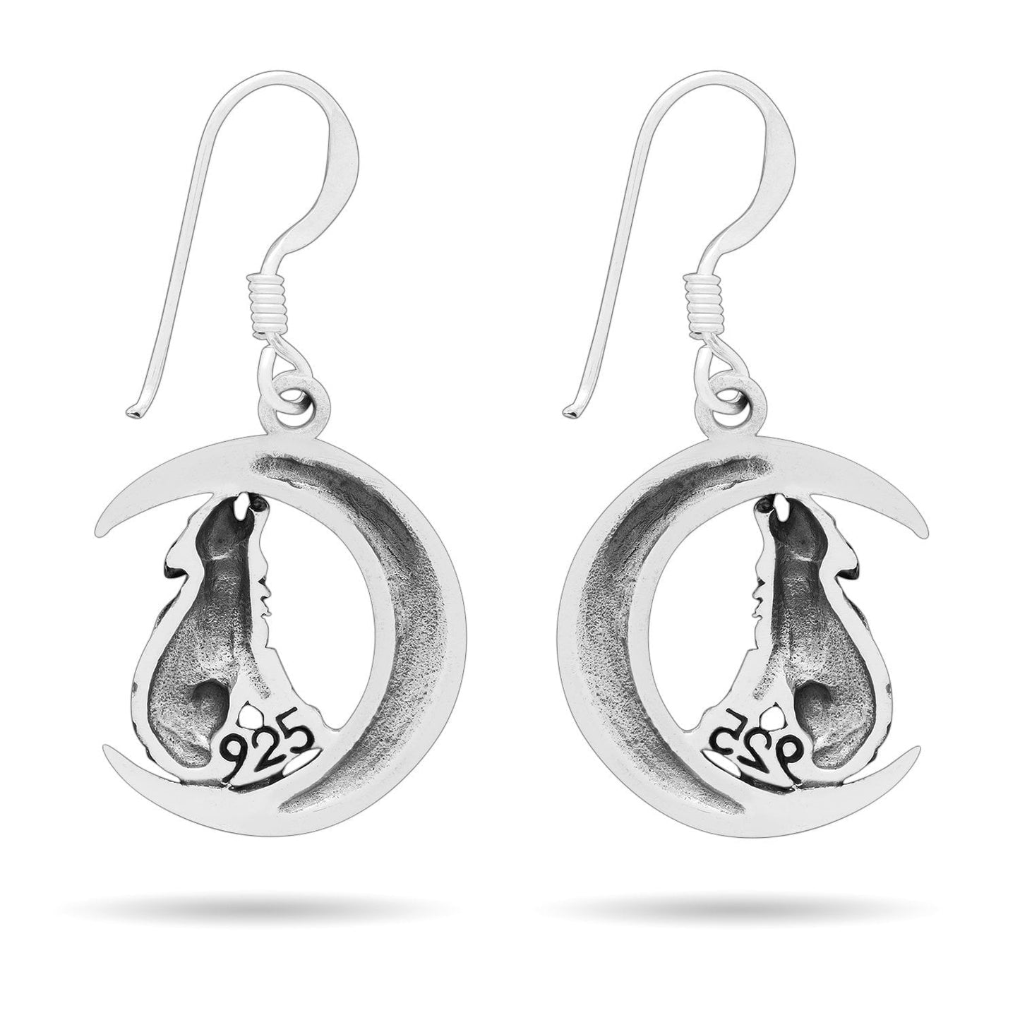 925 Sterling Silver Viking Wolf on Crescent Moon Earrings Set - SilverMania925