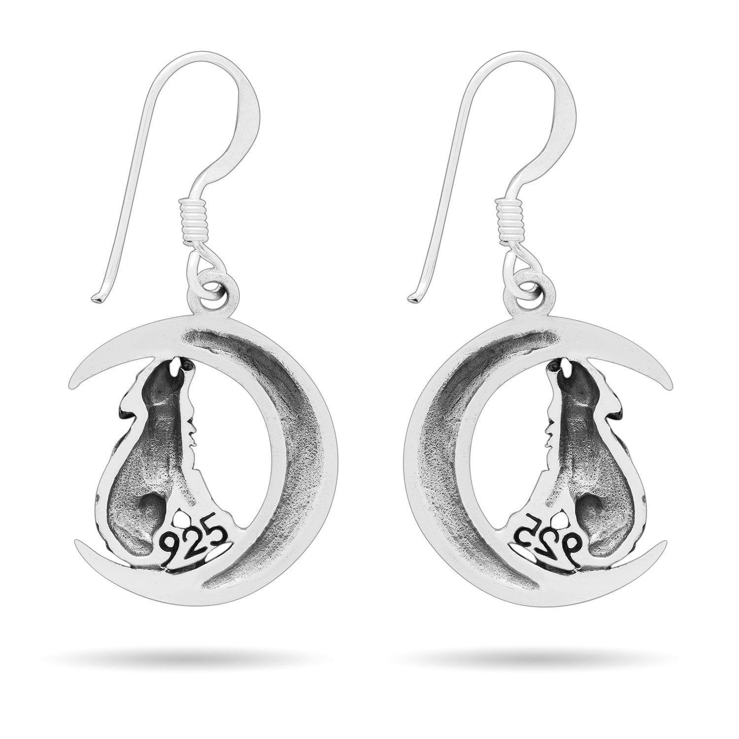 925 Sterling Silver Viking Wolf on Crescent Moon Earrings Set