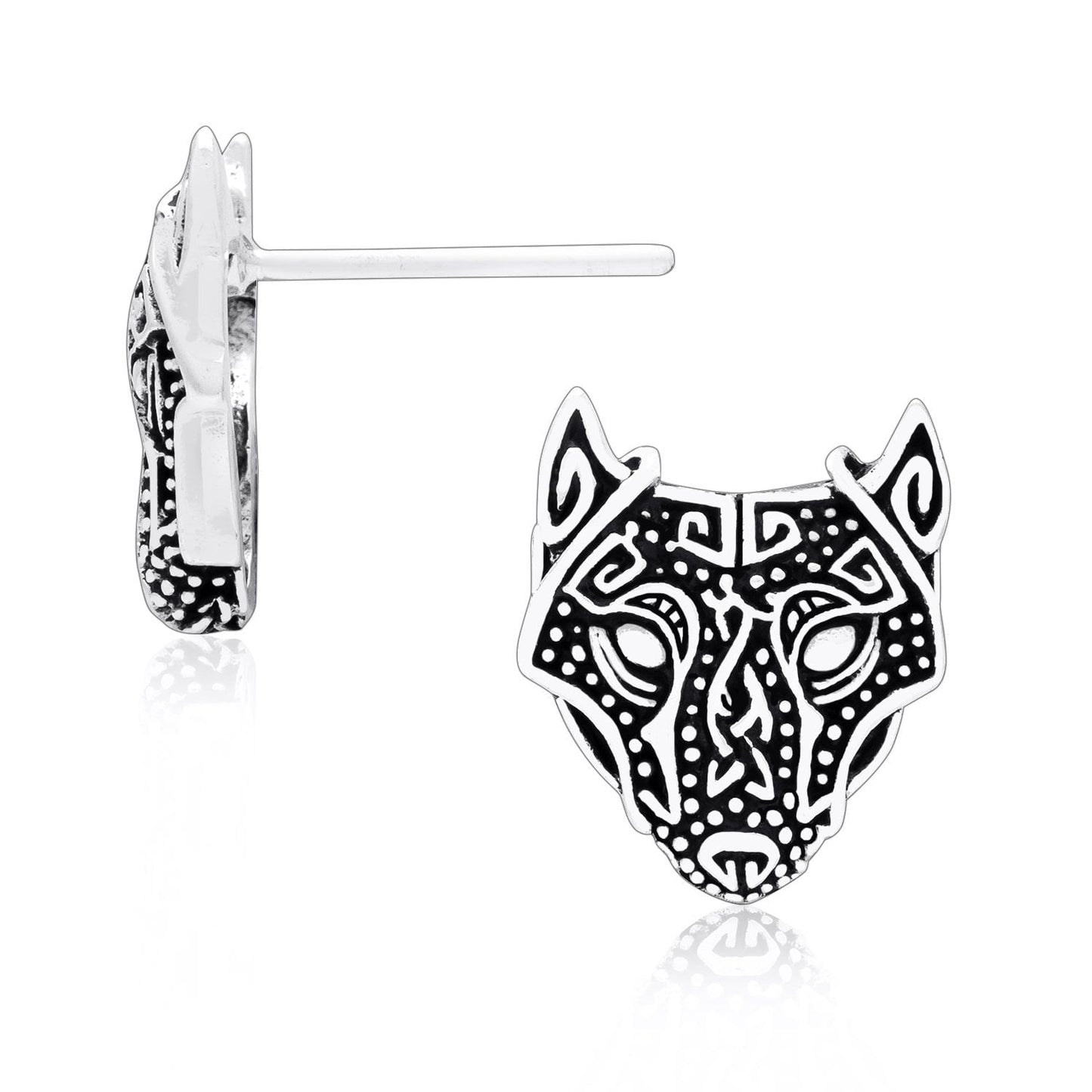 925 Sterling Silver Viking Wolf Head Stud Earrings Set - SilverMania925