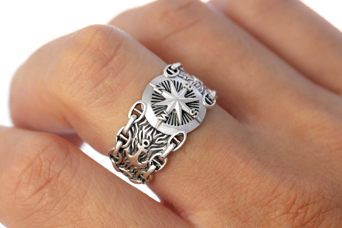 925 Sterling Silver Nautical Compass Ring with Chains and Anchor - SilverMania925
