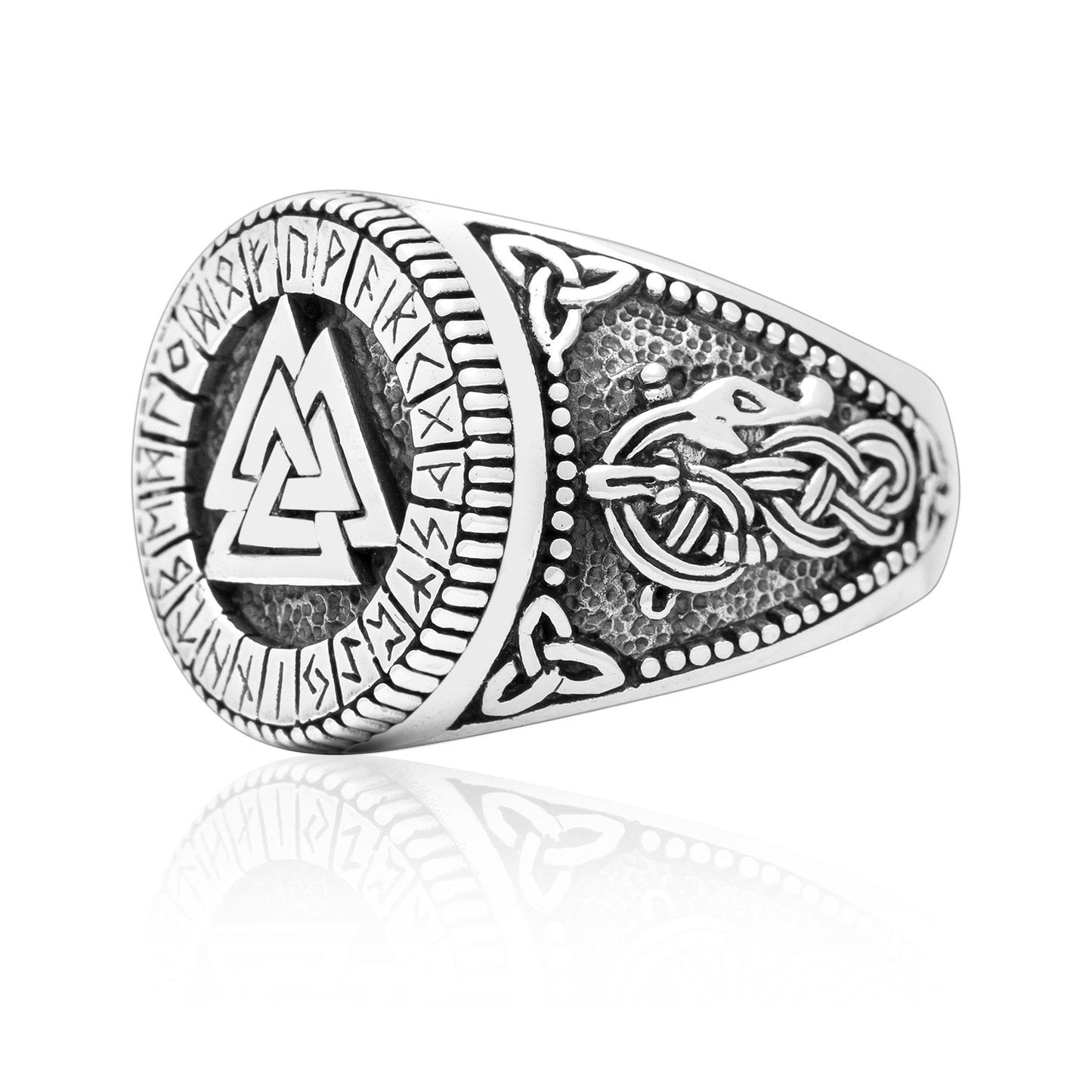 925 Sterling Silver Viking Valknut Runes Jormungand Handcrafted Ring - SilverMania925