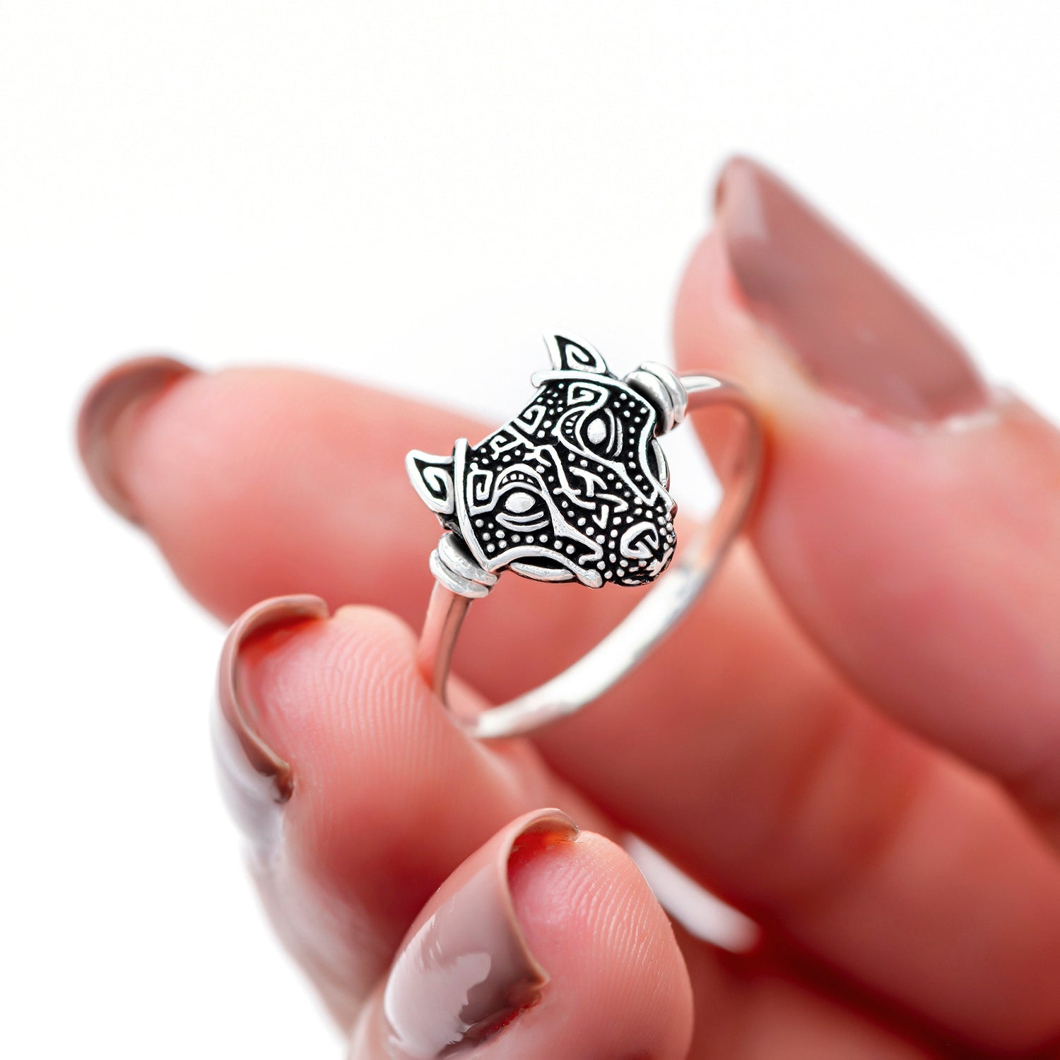 925 Sterling Silver Viking Wolf Head Ring - SilverMania925