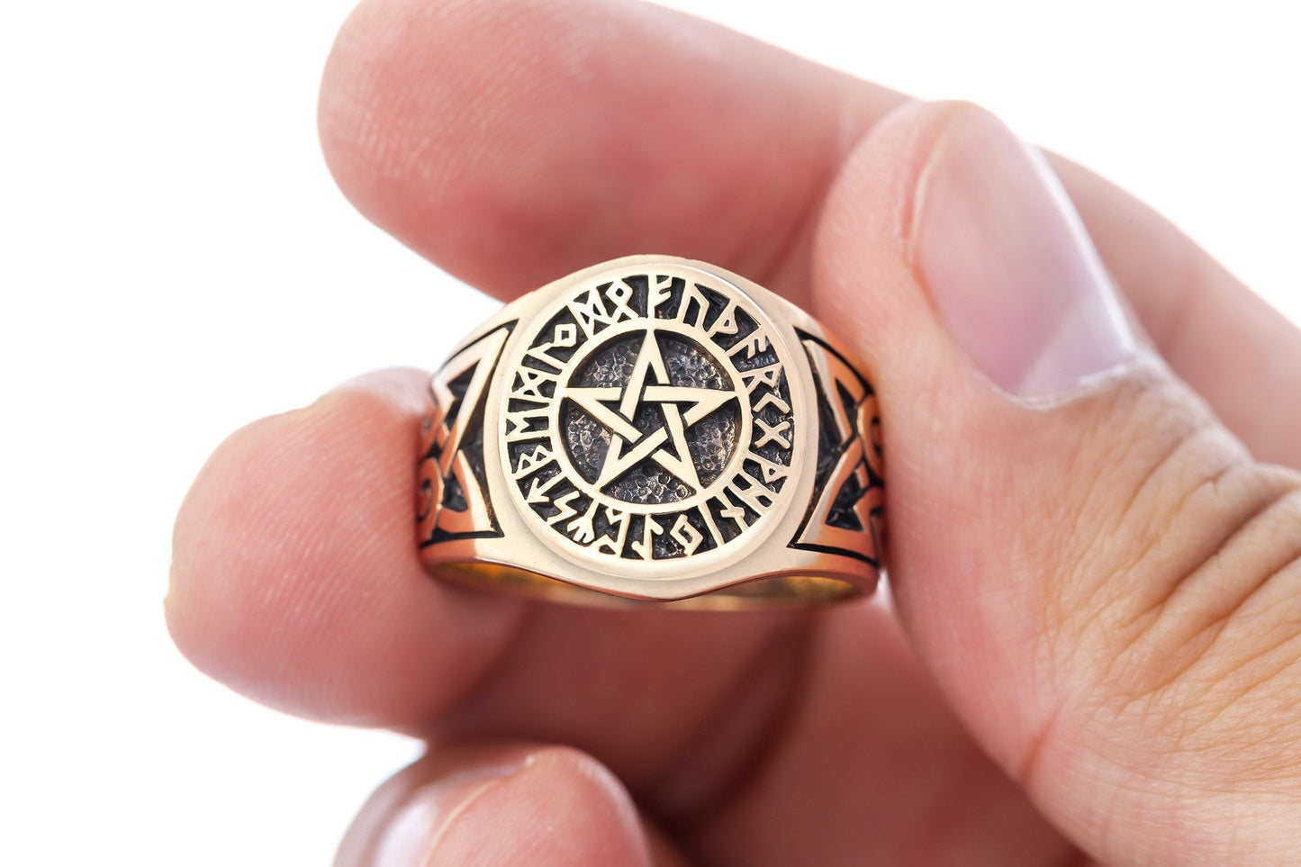 Pentagram Bronze Ring with Knotwork and Viking Runes - SilverMania925